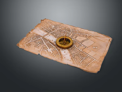 Old Vintage Map Featuring Brass Compass On Detailed Street Design 3d model