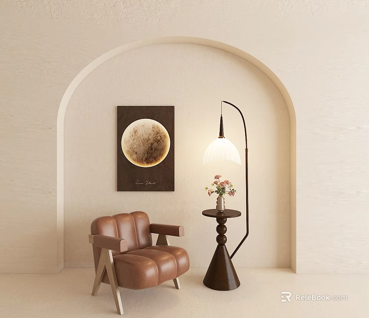 Elegant Moon Themed Round Wall Hanging On Beige Wall With Arched Doorway And Leather Chair 3d model 