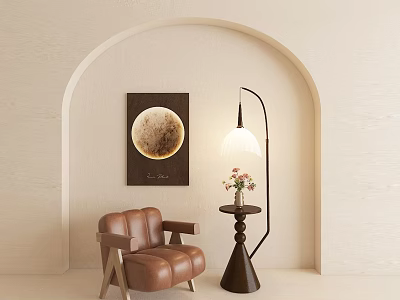 Elegant Moon Themed Round Wall Hanging On Beige Wall With Arched Doorway And Leather Chair 3d model