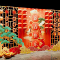 Spring Festival Decoration With Red Background Lanterns Crane And Auspicious Clouds 3d model