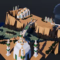 Magical Cartoon Scene with Mountain Cliff Dome Building Green Door Stairs Water and Greenery