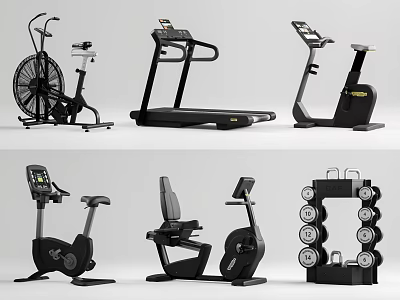 Modern Multifunctional Fitness Equipment Including Treadmill Exercise Bike Rowing Machine And Dumbbell Rack 3d model