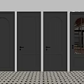 Various Black Doors With Different Designs Against Red Wall And Checkerboard Floor 3d model