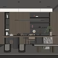 Modern Tea Room Interior Design With Wooden Table Shelves Pendant Lights And Green Plant