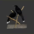 Two Black Birds Perched On A Wooden Branch With Stone Base