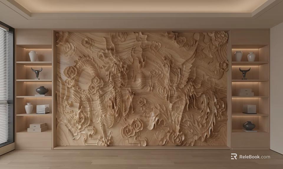 Wooden Carved Background Wall With Dragon Phoenix Pattern And Decorative Shelves 3d model 
