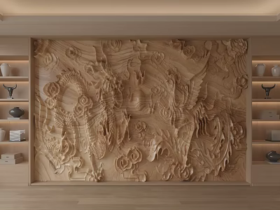 Wooden Carved Background Wall With Dragon Phoenix Pattern And Decorative Shelves 3d model