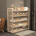 White Metal Multi Tiered Shoe Rack With High Heels Sneakers Decorative Handbags And Flower Vase