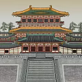Ancient Chinese Architecture With Multi Story Structure Traditional Curved Eaves And Red Wooden Walls