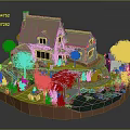 Cartoon Scene of Cozy House With Green Trees Flowers Pathway Pond And Tractor