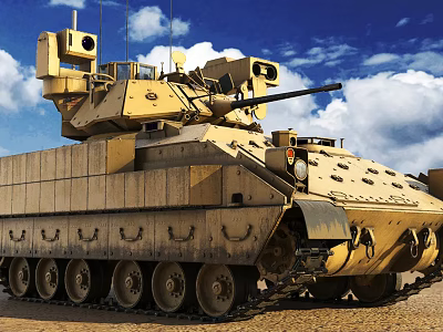 Desert Colored Armored Tank With Cannon Antennas Tracks Under Blue Sky White Clouds 3d model