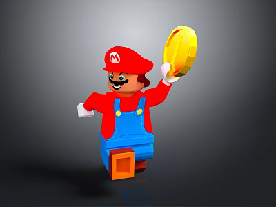 Lego Mario Toy Figure In Red Hat Blue Overalls Holding Gold Coin 3d model