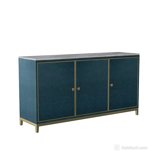 Elegant Modern Sideboard with Blue Finish Gold Trim and Three Doors 3d model 