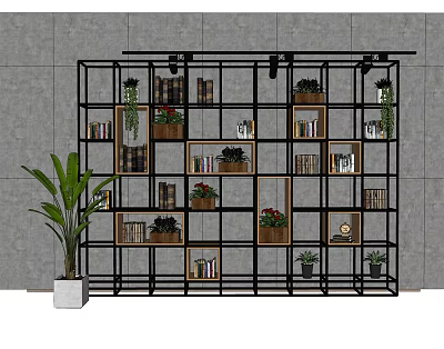 Black Metal Frame Bookcase With Multiple Shelves Plants Books And Decorations Against Gray Wall 3d model