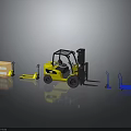 Industrial Logistics Equipment Featuring Yellow Forklift Pallet Truck Blue Hand Truck And Orange Crate