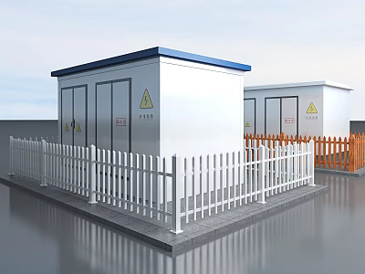 Outdoor White Box Type Buildings With Blue Roofs Enclosed By White And Orange Fences 3d model