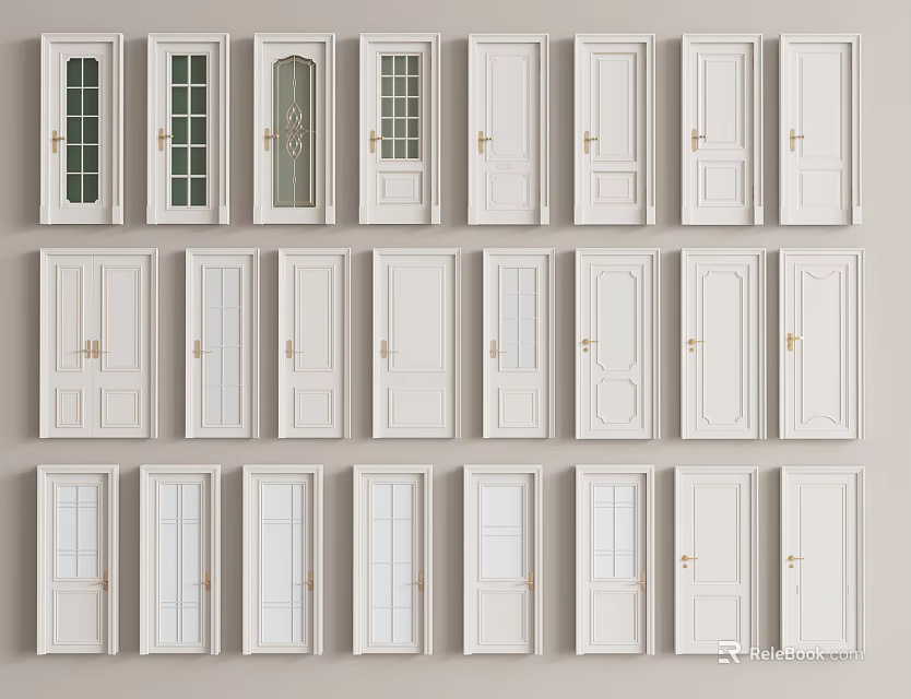 White Interior Hinged Doors With Various Panel And Glass Designs 3d model