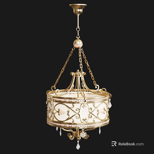 Elegant Classic Chandelier With Golden Frame White Shade Intricate Patterns And Pendant Decorations 3d model 