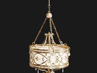 Elegant Classic Chandelier With Golden Frame White Shade Intricate Patterns And Pendant Decorations 3d model