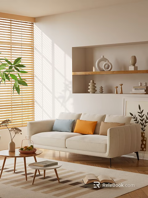 Two Seater Sofa With Colorful Cushions In Sunlit Room With Green Plant And Decorative Shelf 3d model 