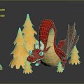 Stuffed Red Dragon Doll Surrounded by Yellow Trees with Reflection on Dark Surface 3d model