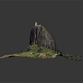 Detailed Mountain Model With Rocky Peak Lighthouse Green Grass Path And Small Buildings