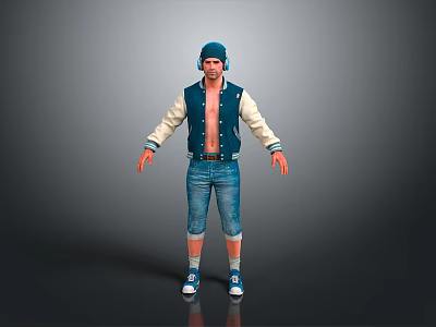 3D Model Male Character Wearing Blue Beanie White Blue Open Jacket Denim Shorts Blue Sneakers 3d model