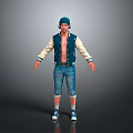 3D Model Male Character Wearing Blue Beanie White Blue Open Jacket Denim Shorts Blue Sneakers