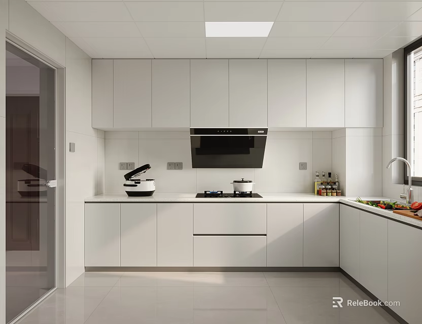 Modern White Kitchen Interior Design With Cabinets Stove Range Hood And Window Sink 3d model 