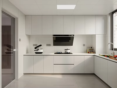 Modern White Kitchen Interior Design With Cabinets Stove Range Hood And Window Sink 3d model