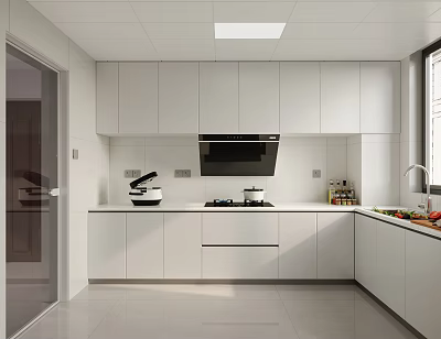 Modern White Kitchen Interior Design With Cabinets Stove Range Hood And Window Sink 3d model