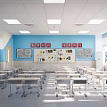 School Classroom Interior Layout With Desks Chairs Blackboard Lockers And Windows 3d model