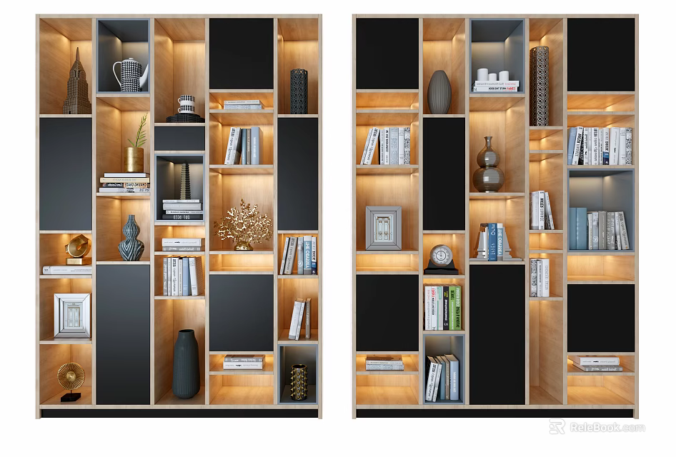 Modern Bookcase Design With Layered Shelves LED Lighting And Decorative Items 3d model