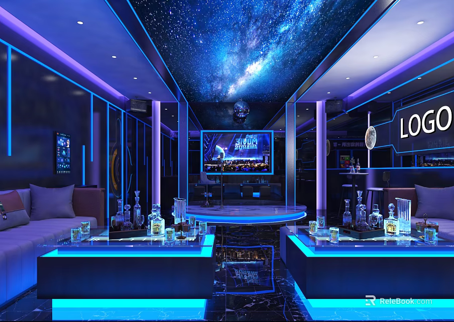 Modern KTV Interior Design With Starry Sky Ceiling Blue Lighting Sofas And TV 3d model 