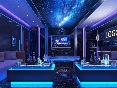 Modern KTV Interior Design With Starry Sky Ceiling Blue Lighting Sofas And TV 3d model