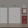 Indoor Fire Safety Equipment With Green Exit Signs Emergency Exit Doors And Fire Extinguisher Cabinet
