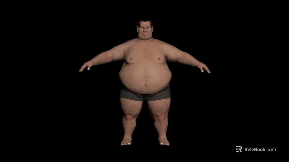 Obese Sumo Wrestler Shirtless In Gray Shorts With Arms Outstretched On Black Background 3d model 