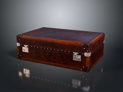 Vintage Brown Leather Trunk With Metal Locks And Decorative Rivets 3d model