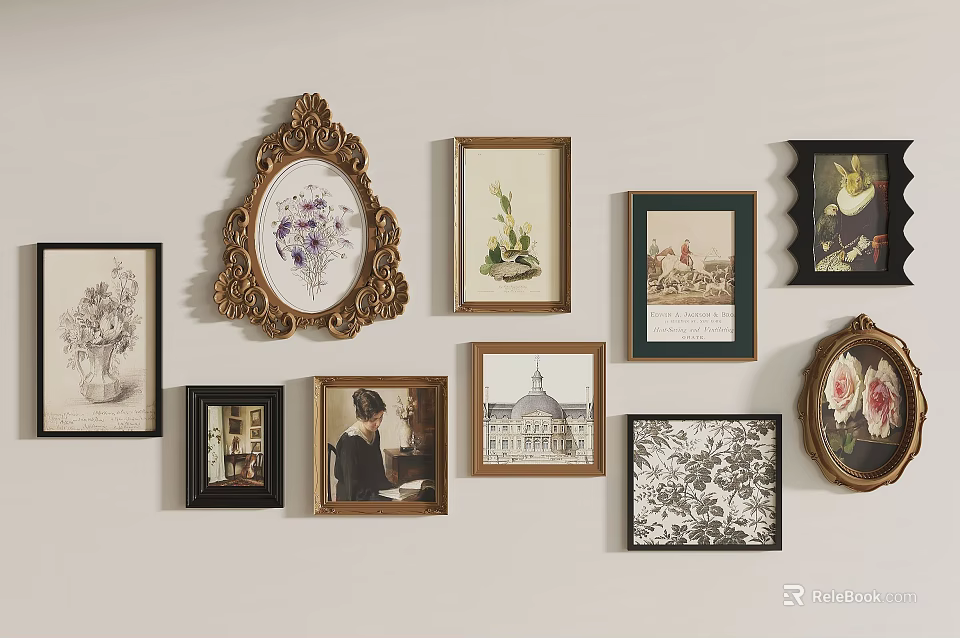 Diverse Framed Art Collection With Various Themes And Styles On White Wall 3d model 