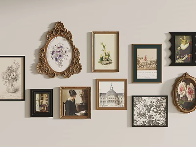 Diverse Framed Art Collection With Various Themes And Styles On White Wall 3d model