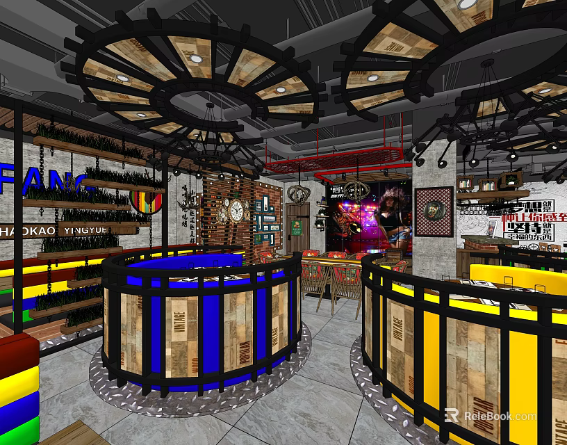 Vibrant Restaurant Interior With Wooden Counters Colorful Seats Decorative Lights And Wall Art 3d model 