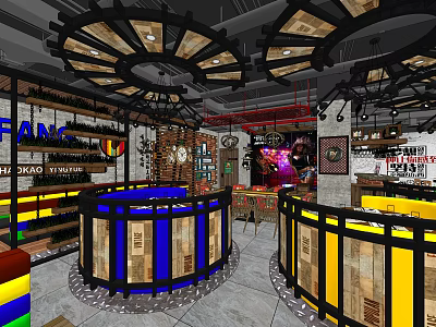 Vibrant Restaurant Interior With Wooden Counters Colorful Seats Decorative Lights And Wall Art 3d model