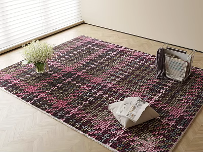 Black and Pink Plaid Square Rug with White Flowers and Magazines on Wooden Floor 3d model