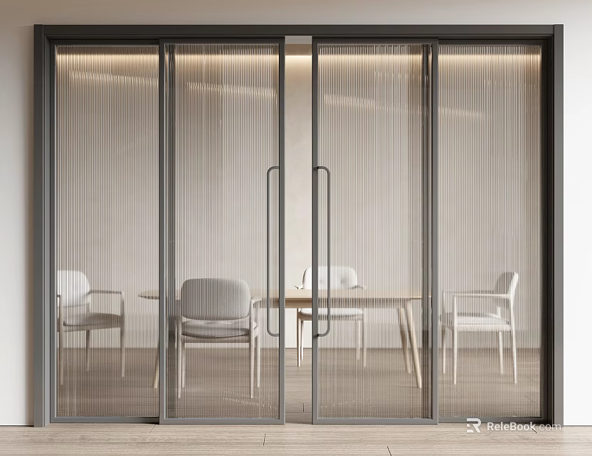 Modern Glass Sliding Doors with Dark Frame in Interior Dining Area and White Chairs 3d model 