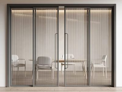 Modern Glass Sliding Doors with Dark Frame in Interior Dining Area and White Chairs 3d model