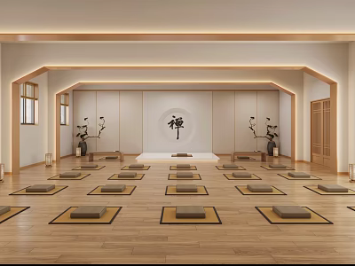 Zen Inspired Yoga Studio Interior With Wooden Floor Arranged Yoga Mats Plant Decorations And Windows 3d model