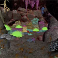 Natural Cave Interior With Rocky Walls Stone Table Dry Grass And Scattered Stones