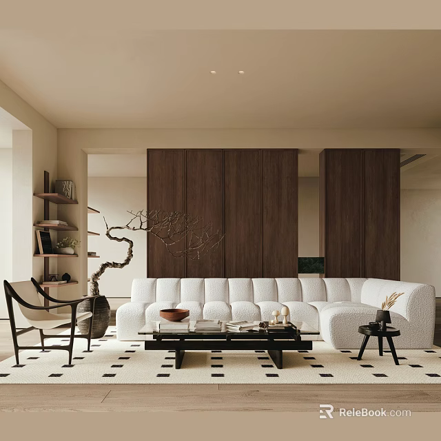 Modern Living Room Interior with White Sofa Dark Wooden Wall Coffee Table and Patterned Rug 3d model 