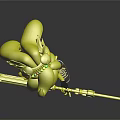 3D Modeled Cartoon Character With Blue Hair And Creature Headpiece Holding Green White Weapon