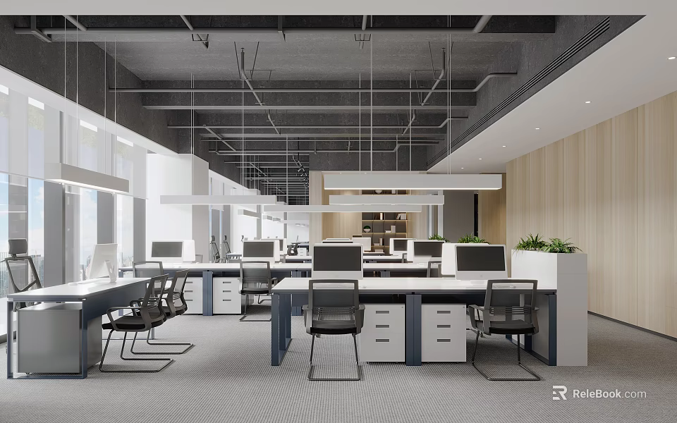 Modern Public Office Space With Work Desks Ergonomic Chairs Computers And Natural Light 3d model 